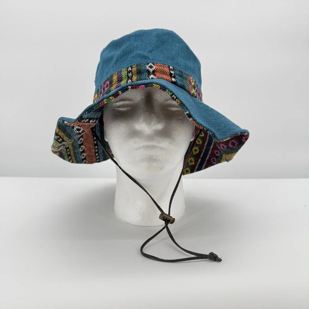 Sun Hat Women One Size Teal Blue Woven Tribal Band Chin Strap Outback